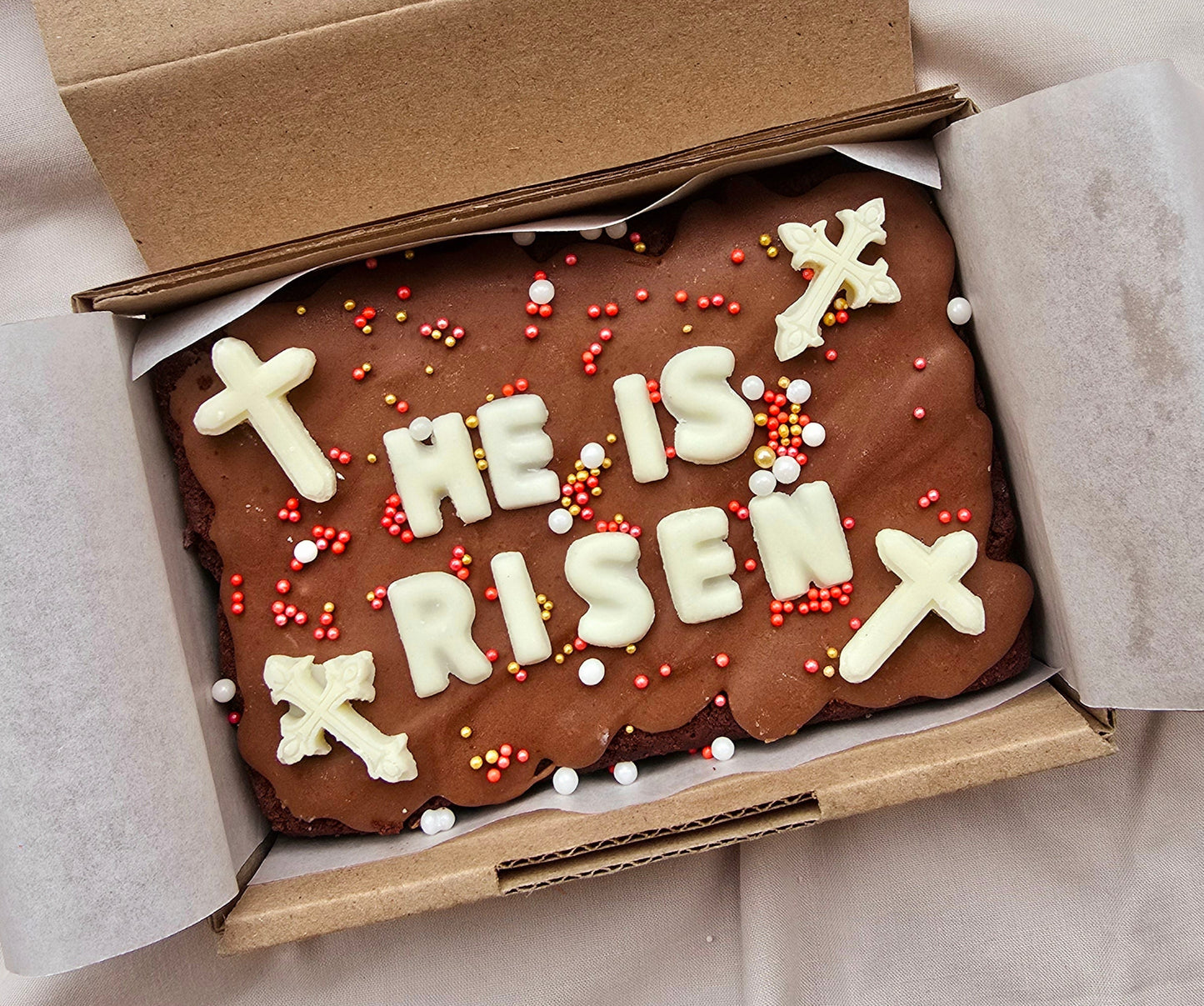 Easter Custom Message Brownie with chocolate/sweet decor