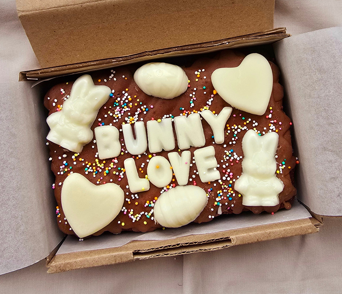 Easter Custom Message Brownie with chocolate/sweet decor