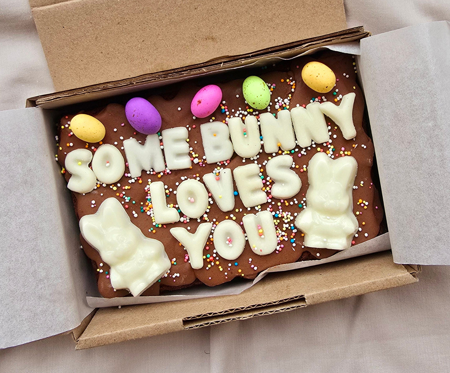Easter Custom Message Brownie with chocolate/sweet decor