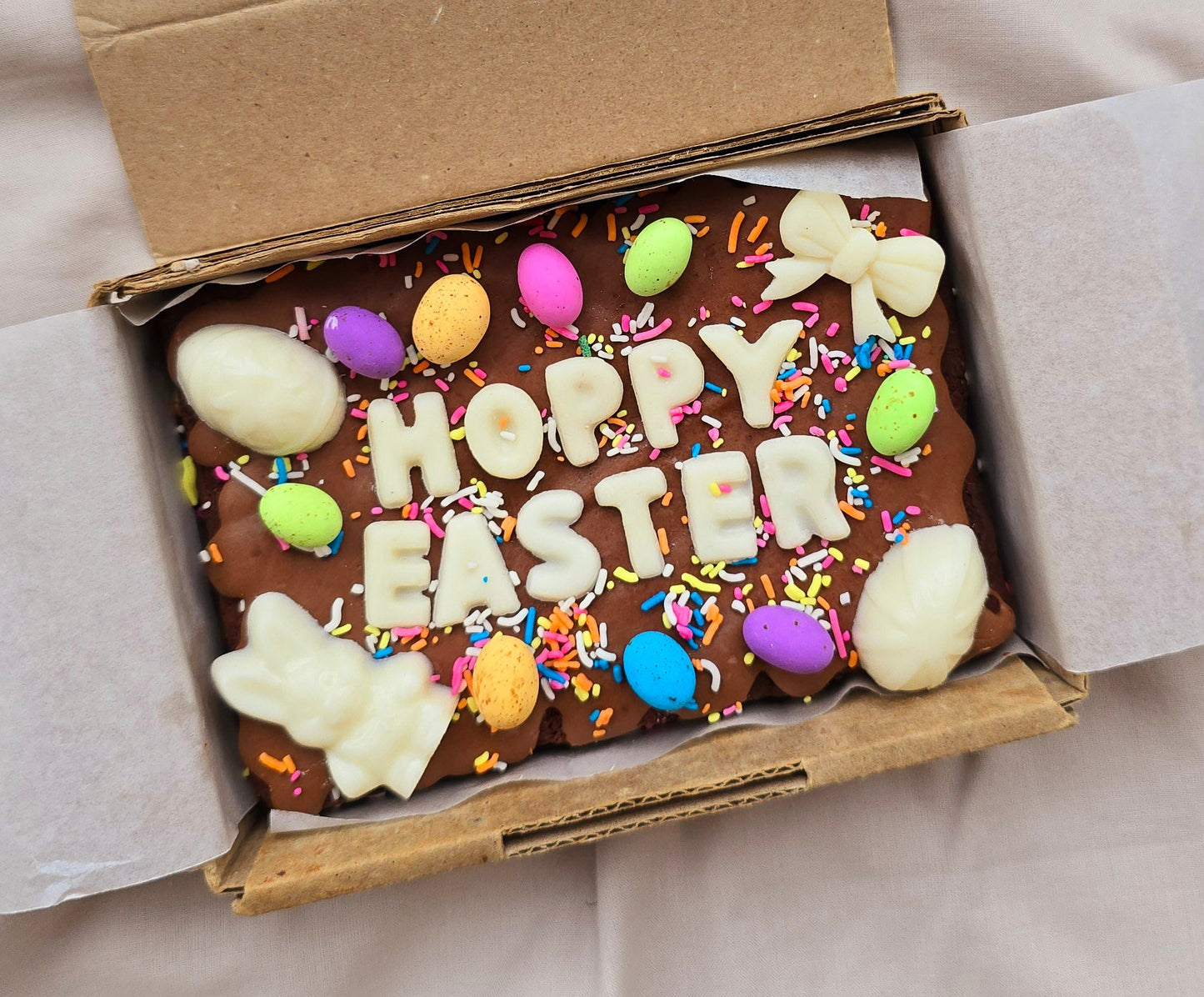 Easter Custom Message Brownie with chocolate/sweet decor