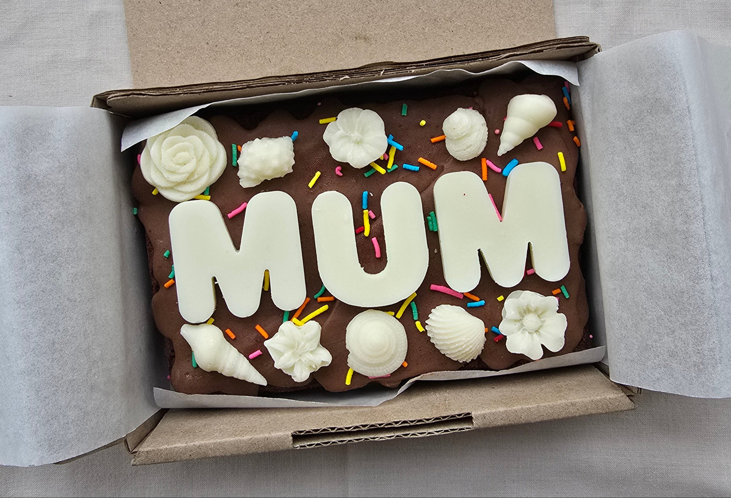 Custom Message Brownie with chocolate/sweet decor